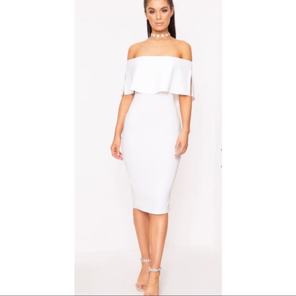 PLT White Bardot Midi Frill Dress